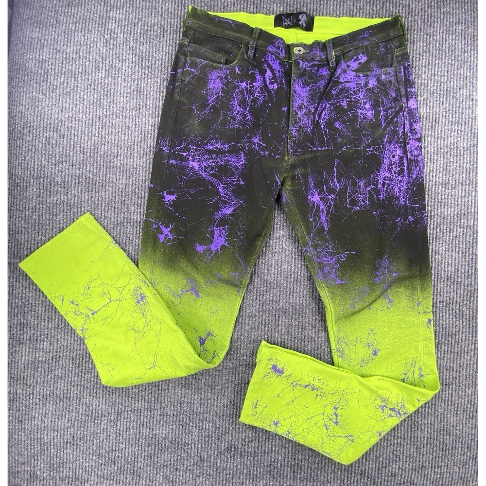 MJB Marc Jacques Burton x Von Dutch Jeans Mens 35 Neon Green Purple Distressed